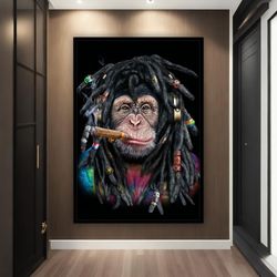 hippie monkey canvas painting, monkey with rasta hair wall art, monkey poter, monkey canvas print, monkey wall art