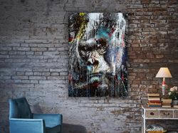 monkey canvas, monkey art in suit, monkey human painting, boss monkey poster, monkey head office decor, funny monkey pai