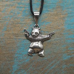 panda with guns pendant, sterling silver necklace, made to order, bear lover gift