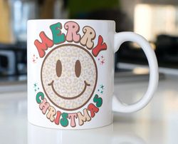 retro christmas coffee mug stating   merry christmas  with big smiley face