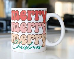 retro christmas coffee mug stating  merry merry merry christmas