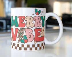 retro christmas coffee mug stating  merry vibes