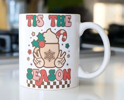 retro christmas coffee mug stating  tis the season with peace hands