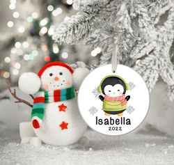 personalized girls christmas ornament, custom baby girl penguin ornament gift