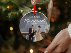 personalized marriage photo ornament, custom first christmas married ornament
