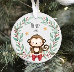 personalized jungle animal monkey christmas ornament, baby 1st christmas