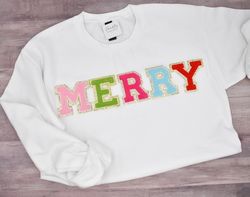 Merry Chenille Letter Christmas Sweatshirt Glitter Holiday Mom Life Gift Vintage Retro Chenille Patch Christmas Eve Fami