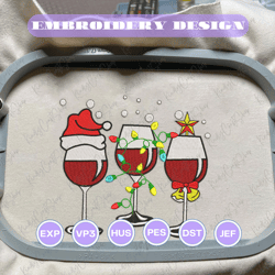 christmas wine glass embroidery, santa wine embroidery, christmas embroidery designs, christmas lights embroidery designs