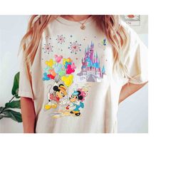 disney castle cute mickey and minnie with balloon shirt, magic kingdom holiday unisex t-shirt family birthday gift adult