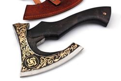 viking pizza axe, custom handmade engraved high carbon steel ax with leather sheath, custom gift forged carbon steel vik