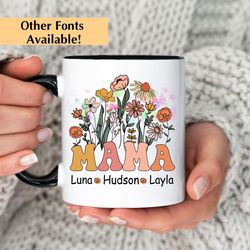 custom mama mug, personalized mothers day gift, flower mom mug, birthday gift, custom kids name mug for mom, mothers day