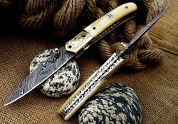 beautiful handmade damascus steel folding knife handle made of camel bone (golden engraving)