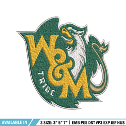 william and mary tribe embroidery design, william and mary tribe embroidery, sport embroidery, ncaa embroidery.