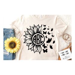 sunflower and butterflies monogram svg, sunflower svg, boho flower svg, flower quotes svg, sunshine svg, kindness svg