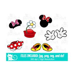 mouse head body hands shoes svg, minnie head and body svg, digital cut files in svg, dxf, png and jpg, printable clipart