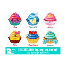 valentines princess cupcakes bundle 1 svg, digital cut files in svg, dxf, png and jpg, printable clipart