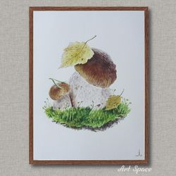 original watercolor painting "porcini mushrooms" botanical illustration, photorealism, interior decoration, plant