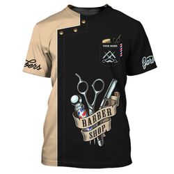 custom barber uniform black & beige baber tools 3d shirts barber shop tshirt