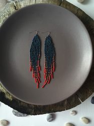 navy blue beaded earrings with red ombre fringe - dangle boho bohemian hippie gypsy jewelry - gift for her -handmade ear