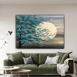 blue tree and full moon canvas wall art , full moon canvas painting , landscape canvas print, modern home decor ,canvas