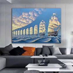 bridge made of sky canvas print art, pirate ship canvas wall decor, ship and sky scenery canvas print art