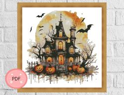 halloween cross stitch pattern,haunted house with pumpkings,pdf, instant download,spooky x stitch chart,trick or treat