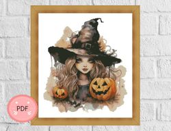 cross stitch pattern,halloween witch and pumpkinspdf format,instant download ,spooky x stitch chart , scary pumpkins