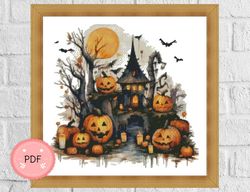 cross stitch pattern,haunted house with pumpkings 2,halloween,watercolor,pdf, instant download,x stitch chart