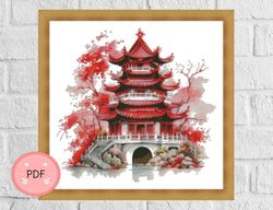 cross stitch pattern , red temple,japanese temple , pdf file,instant download,asian style,cherry blossom,asian landscape