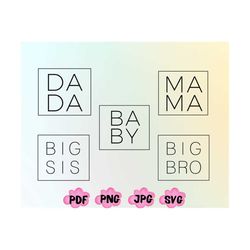 matching family names in square frame svg png files for cutting machines, mama, dada, big sis, big bro, baby, mama png,