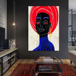 abstract woman with red hat canvas wall art , african woman canvas painting , woman with yellow earrings canvas print ,