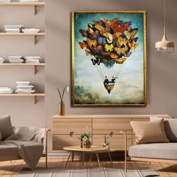 flying balloon canvas wall art , butterflies canvas wall decor , flying butterfly art , surrealistic canvas print , read