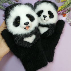 pandas mohair mittenes, bear winter gloves, animals fur comfort plushie handwarmers, kawaii glove, fuzzy handmade