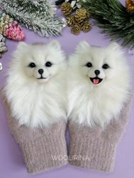 pomeranian spitz dog mittens, animal mitten, gloves for kids, fluffy cute pet mitten, felted paw portrait, dogs loss