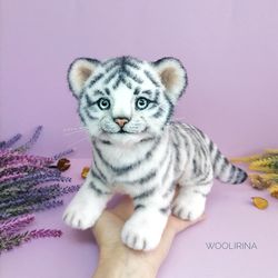 tiger cub realistic toy,  stuffed white snow leopard, albino bengal tigris plush, wild cat plushie art doll handmade
