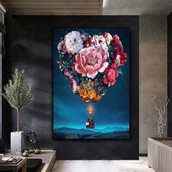 flying balloon canvas print , flying balloon wrapped in flowers canvas painting, surreal canvas painting , ready to hang