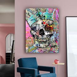 king crowned skull canvas wall art , pop art skull canvas painting , pop art painting, ready to hang canvas print