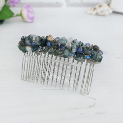 green jasper comb, boho gemstone hair accessories, green crystal hair comb for wedding, beaded hair clip, jeweled comb