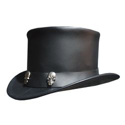 tri skulls band black leather top hat