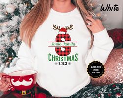 personalized family christmas sweatshirts, custom family name christmas reindeer sweatshirts, buffalo plaid family match