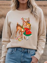 vintage reindeer christmas sweatshirt, retro christmas shirt, vintage graphic, vintage 1950s girl and reindeer graphic,