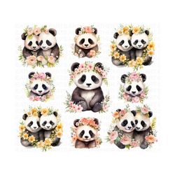 watercolor floral crown panda clipart, flower crown png, cute panda clip art, card making clipart, digital paper clipart, instant download