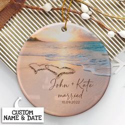 custom married christmas ornament, sandy beach married ornament, personalized wedding gift for couple