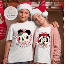mickey minnie and co. christmas checkered shirt, vintage mickey face shirt, minnie santa hat shirt, christmas party shir
