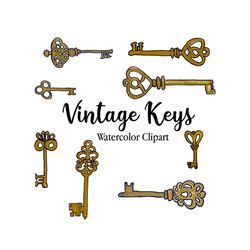 watercolor vintage keys clipart, instant download, antique keys, handpainted clipart, wedding diy, skeleton keys, transparent, png