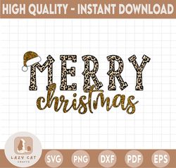 leopard print merry christmas with santa hat, christmas png digital design, holiday sublimation design download, printab