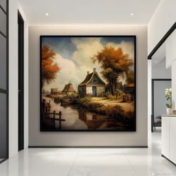 autumn in the town canvas painting, autumn landscape, fall landscape wall art, autumn landscape wall art, nature art