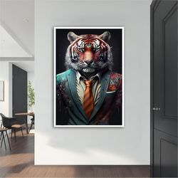 boss tiger canvas painting, boss tiger man poster, tiger man wall art, tiger home decor, colorful tiger canvas art, anim
