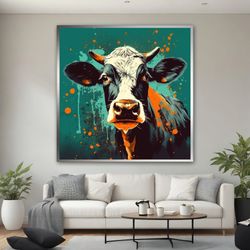 cow canvas painting, colorful cow wall art, modern cow poster, cow canvas print, animal office art, farmhouse for gifts