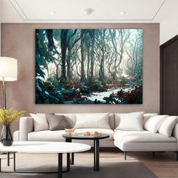 foggy forest landscape canvas painting, forest landscape canvas wall art, forest print , nature landscape canvas, farmho